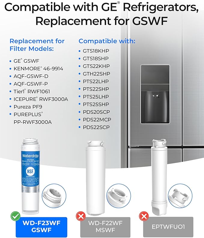Waterdrop GSWF Refrigerator Water Filter, Replacement for GE® GSWF Smart Water 238C2334P001, Kenmore® 46-9914, 469914, 9914, 3 Pack