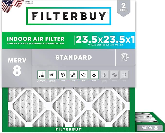 Filterbuy 23.5x23.5x1 Air Filter MERV 8 Essential Dust & Allergy Defense (2-Pack), Electrostatic Pleated HVAC AC Furnace Filters Replacement (Actual Size: 23.38 x 23.38 x 0.75)