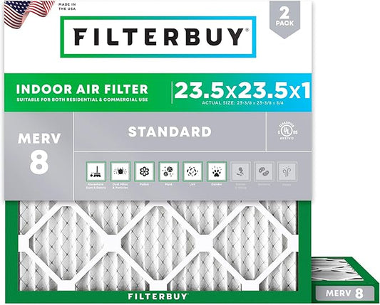 Filterbuy 23.5x23.5x1 Air Filter MERV 8 Essential Dust & Allergy Defense (2-Pack), Electrostatic Pleated HVAC AC Furnace Filters Replacement (Actual Size: 23.38 x 23.38 x 0.75)