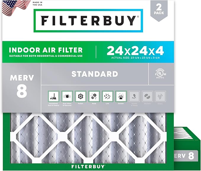 Filterbuy 24x24x4 Air Filter MERV 8 Essential Dust & Allergy Defense (2-Pack), Electrostatic Pleated HVAC AC Furnace Filters Replacement (Actual Size: 23.38 x 23.38 x 3.63)
