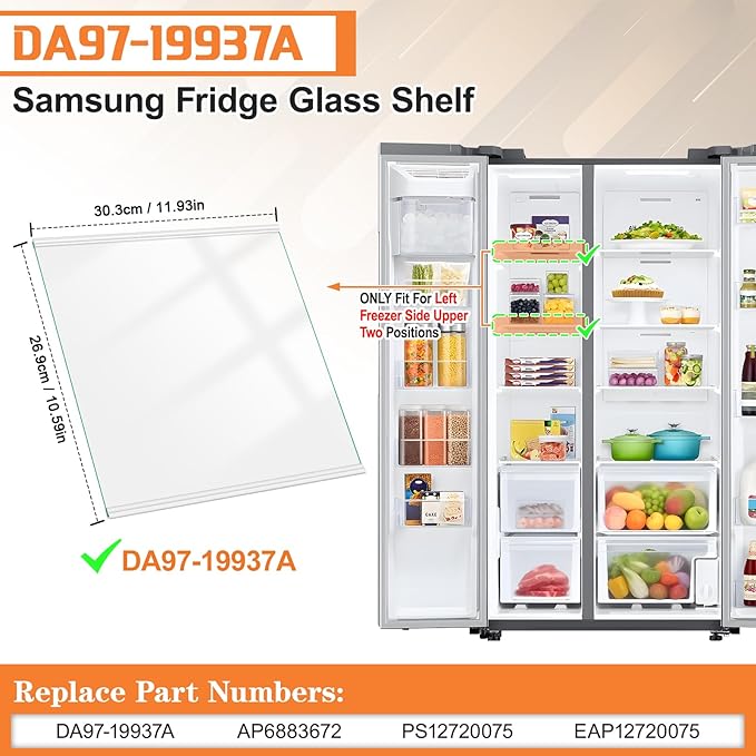 UPGRADED DA97-19937A Freezer Glass Shelf Compatible with Samsung Refrigerator Freezer Shelf Tempered Glass Samsung Fridge Shelf Replacement Part RS22T5201SR RS22T5561SR Upper Freezer Shelves 12"x10.6"