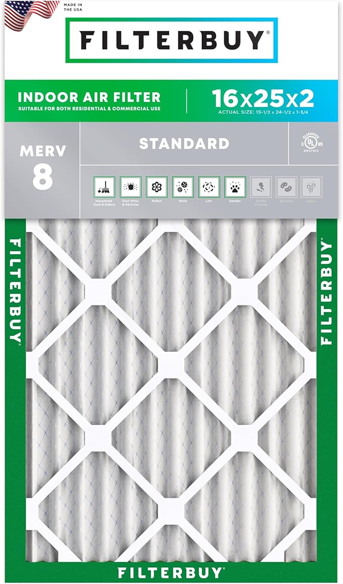 Filterbuy 16x25x2 Air Filter MERV 8 Essential Dust & Allergy Defense (1-Pack), Electrostatic Pleated HVAC AC Furnace Filters Replacement (Actual Size: 15.50 x 24.50 x 1.75)