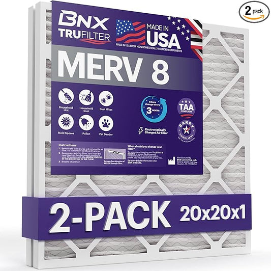BNX 20x20x1 MERV 8 Air Filter 2 Pack - MADE IN USA - Electrostatic Pleated Air Conditioner HVAC AC Furnace Filters - Removes Dust, Mold, Pollen, Lint