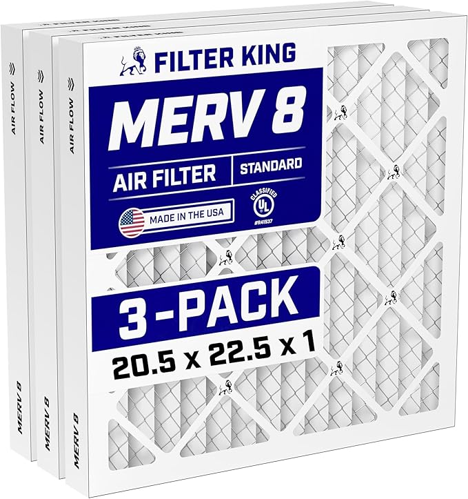 Filter King 20.5x22.5x1 Air Filter (MERV 8) (3-Pack) Dust & Allergy Control AC Furnace Filters, MADE IN USA, HVAC, Pleated, Electrostatic (Actual Size: 20.5 x 22.5 x .75)