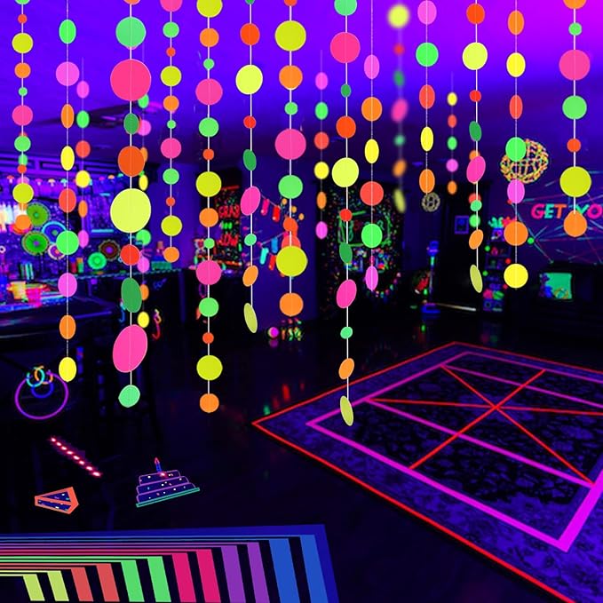 115feet Paper UV Round Neon Garland Streamers Black Light Decorations for Glow Party Supplies and Decorations UV Reactive Neon Party Favors Glow in The Dark for Wedding Birthday Banners