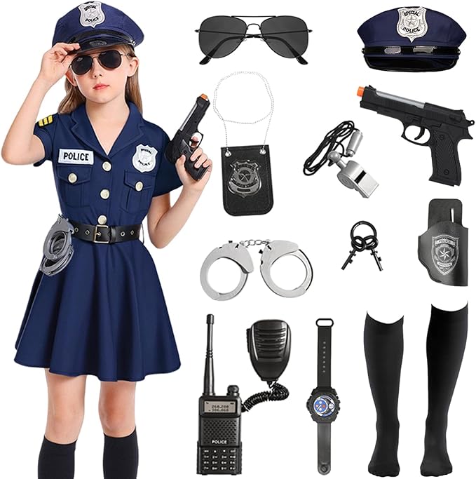 Halloween Police Officer Costume Dress Girls Kids Cop Thief Cosplay Outfits with 9 Pcs Accessories