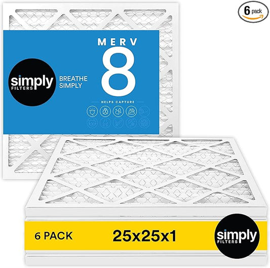 Simply 25x25x1 Air Filter, Merv 8, 6 Pack, For Home AC Furnace & HVAC (Actual Size: 24.75"x24.75"x0.75") DUST, Pet, & Allergy Control