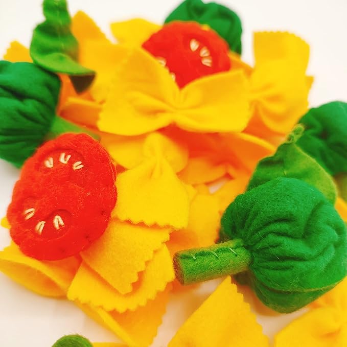 Pasta with broccoli, farfalle, bow tie pasta, felt play food for kids kitchen, pretend play for kids (yellow, set 2 (farfalle, broccoli, tomatoes, basil))