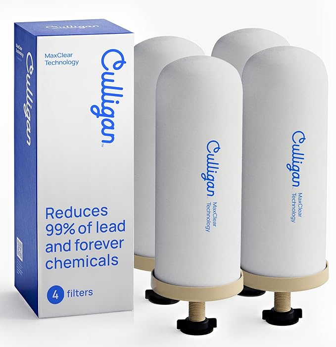 Culligan MaxClear 7” Gravity Water Filter Replacement Compatible with ProOne & Berkey Water Filter Systems, Ceramic & Carbon Filter NSF/ANSI Certified, Reduce Total PFAS, Microplastics & Lead, 4-Pack