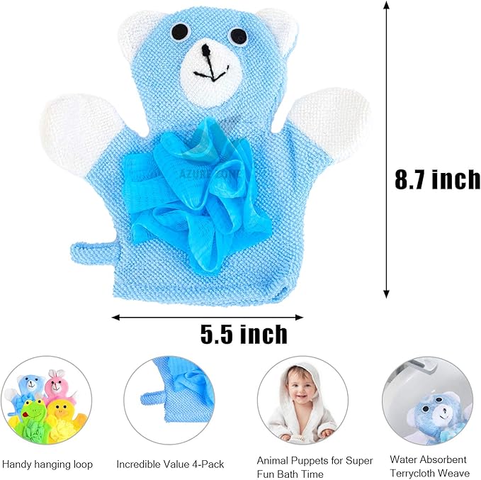 Azure Zone, 4 Pack Cartoon Hand Puppet Bath Wash Mitt Towel with Animal Designs for and Shower