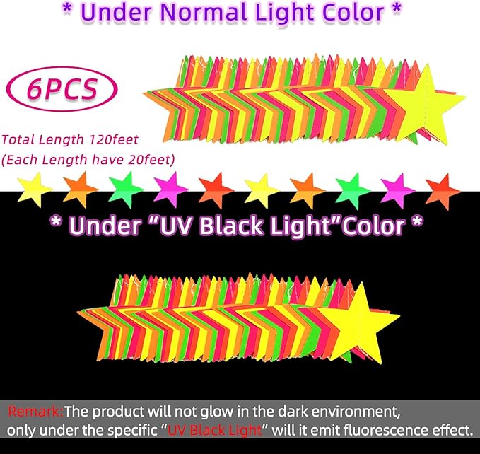 120feet Star UV Neon Garland Hanging Paper Glow in The Dark Glow Party Supplies and Decorations Blacklight Reactive Fluorescent Black Light Kit Neon Party Birthday Wedding