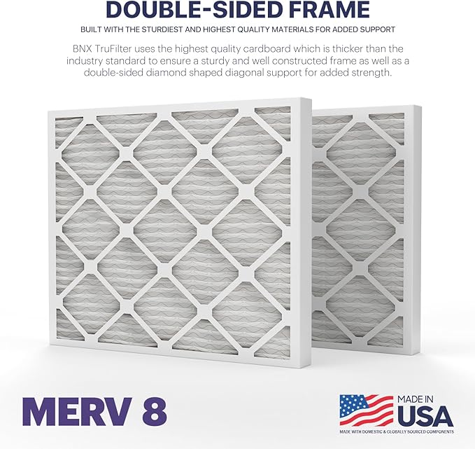 BNX TruFilter 20x25x2 Air Filter MERV 8 (4-Pack) - MADE IN USA – Dust & Pet Defense Electrostatic Pleated Air Conditioner HVAC AC Furnace Filters for Dust, Pet, Mold, Pollen MPR 600 – 700 & FPR 5