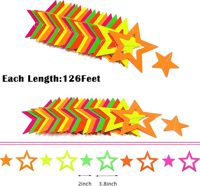126feet UV Neon Streamers Glow Garland Hollowed Star Paper Hanging Ornaments Glow in The Dark Supplies and Decorations Blacklight Reactive Fluorescent Black Light Party Kit Wedding Birthday Streamers