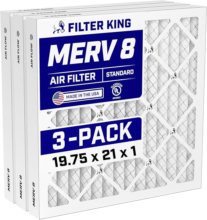Filter King 19.75x21x1 Air Filter (MERV 8) (3-Pack) Dust & Allergy Control AC Furnace Filters, MADE IN USA, HVAC, Pleated, Electrostatic (Actual Size: 19.75 x 21 x .75)