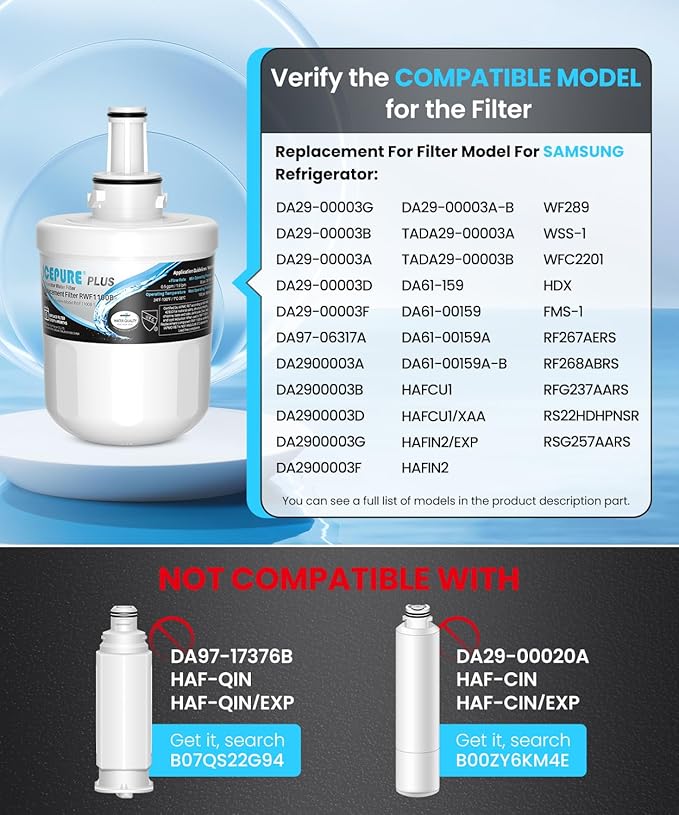 ICEPURE PLUS DA29-00003G NSF/ANSI 53 & 42 Certified Refrigerator Water Filter, Remove Lead, Replacement for Samsung DA29-00003B DA29-00003A, Aqua-Pure Plus, HDX FMS-1 HAFCU1 WF289 WSS-1 WFC2201, 2PACK