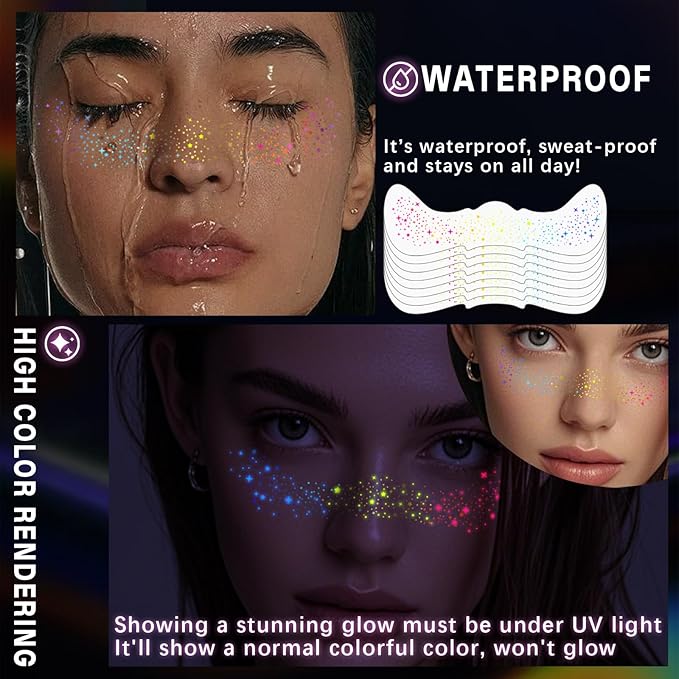 8pcs Rainbow Face Glitter Freckles Temporary Tattoos, Glow Under UV Light in The Dark Neon Blacklight Multichrome Fake Speckles Patches Makeup, Cute Star Rave Accessories for Party Festival