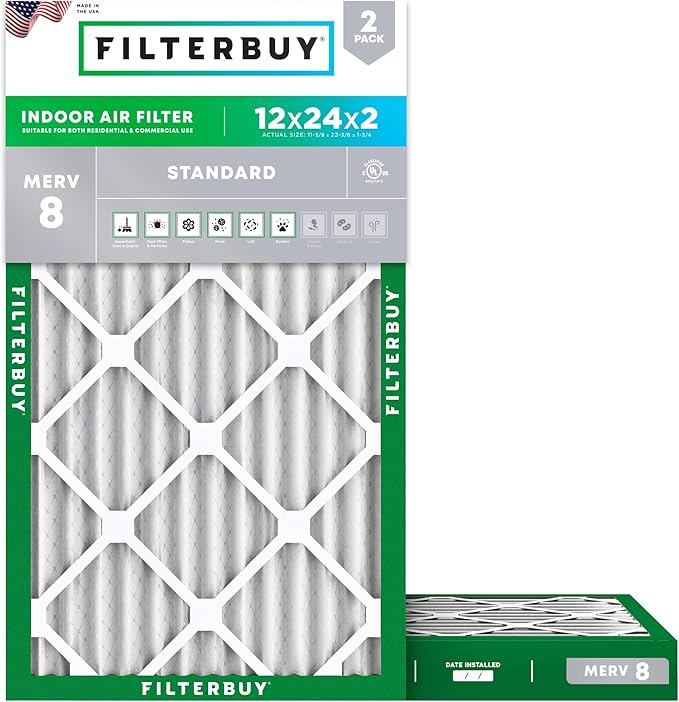 Filterbuy 12x24x2 Air Filter MERV 8 Essential Dust & Allergy Defense (2-Pack), Electrostatic Pleated HVAC AC Furnace Filters Replacement (Actual Size: 11.38 x 23.38 x 1.75)