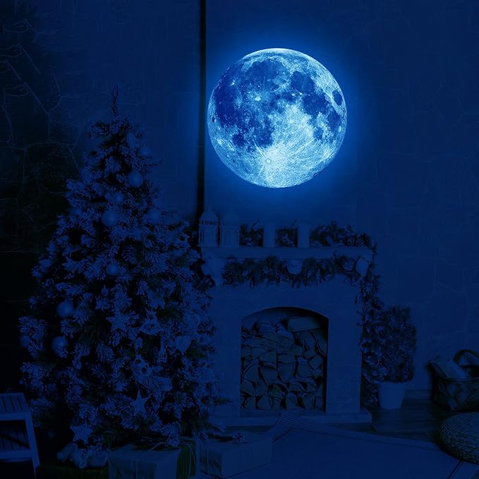 11.8 Inch Glow in The Dark Moon Wall Decal Stickers for Kids Ceiling Bedroom Wall Living Room, Blue