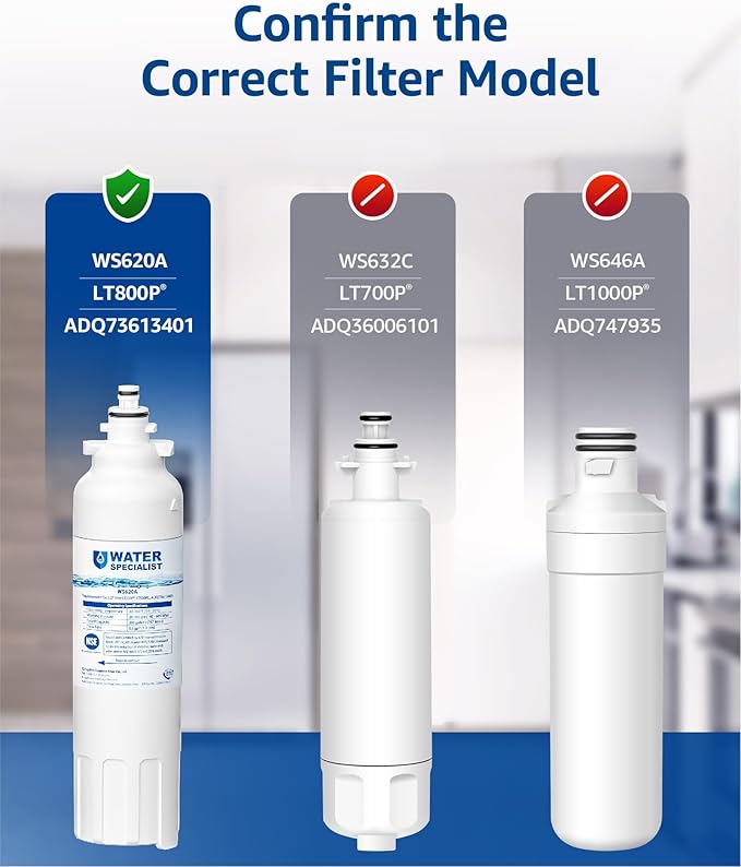 Waterspecialist ADQ73613401 Refrigerator Water Filter, Replacement for LG® LT800P®-6 Month / 200 Gallon, ADQ73613408, ADQ73613402, ADQ75795104, Kenmore 9490, LSXS26326S, LMXC23746S, 46-9490, 3 Pack