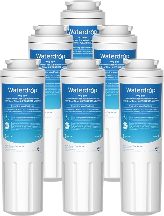 Waterdrop UKF8001 Refrigerator Water Filter 4, Replacement for Whirlpool® EDR4RXD1, EveryDrop® Filter 4, Maytag® UKF8001AXX-750, UKF8001AXX-200, 46-9006, Puriclean II, WF-UKF8001, 6 Filters
