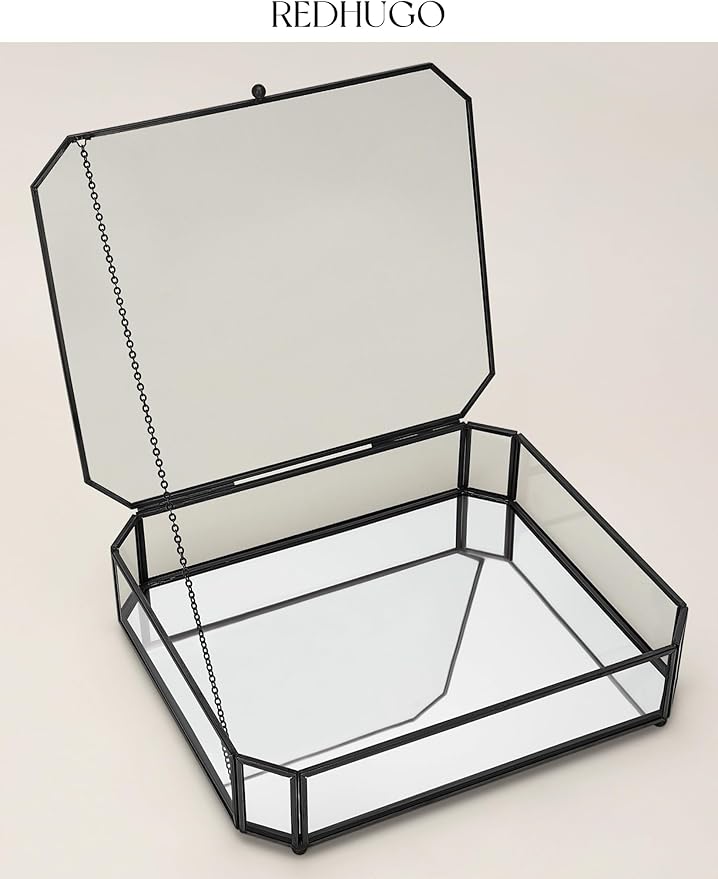 Large Glass Boxes for Display Handmade, Mirrored Bottom, Glass Jewelry Box with Lid, Trinket Box Book Photo Keepsake Organizer, Display Case for Vanity Decor Home Dresser, Octagon, Black