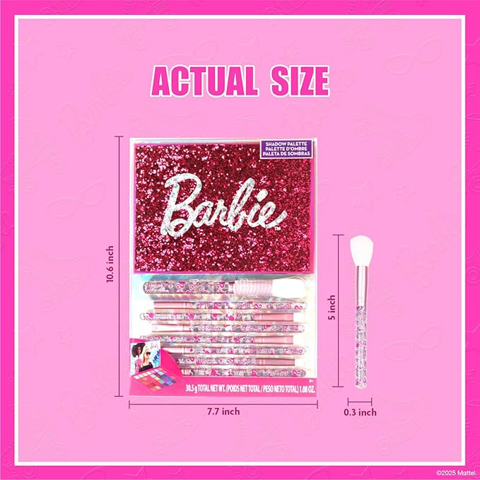 Barbie 35-Well Shadow Palette, Shimmery and Opaque Colors, Pigmented Blendable, 8 Application Brushes Ages 8+, by Townley Girl