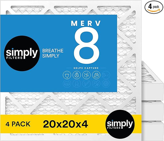 Simply 20x20x4 Air Filter, MERV 8, 4 Pack, Furnace Air Filter for HVAC (Actual Size:19.5"x19.5"x3.63") DUST, Pet, & Allergy Control