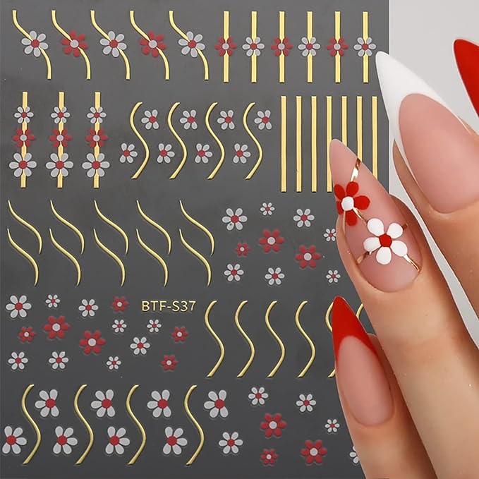 TBRZTR Colorful Flower Nail Art Adhesive Sticker 3D Self-Adhesive Nail Decals Art Design Holographic Golden Lines Nail Art Sticker Decoration Manicure Tips Acrylic Nails DIY Nails Art Supplies