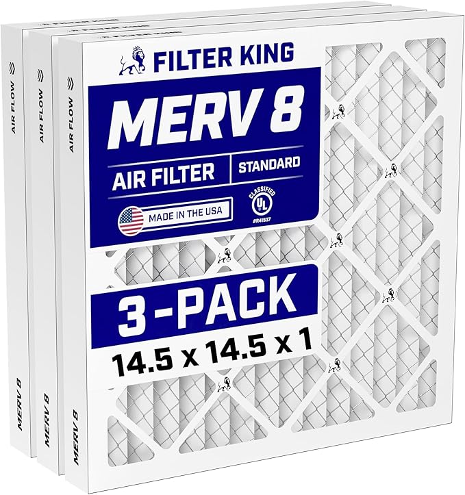 Filter King 14.5x14.5x1 Air Filter (MERV 8) (3-Pack) Dust & Allergy Control AC Furnace Filters, MADE IN USA, HVAC, Pleated, Electrostatic (Actual Size: 14.5 x 14.5 x .75)