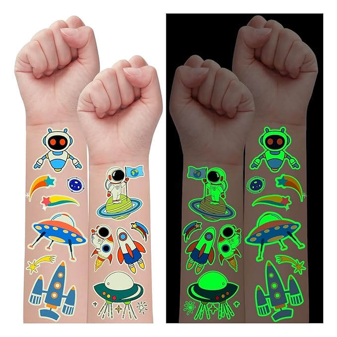 Partywind 290 Styles (30 Sheets) Luminous Space Tattoos for Kids Party Decorations, Glow Outer Space Party Supplies Favors with Astronaut/Rocket/Planet, Kids Games for Glow Party