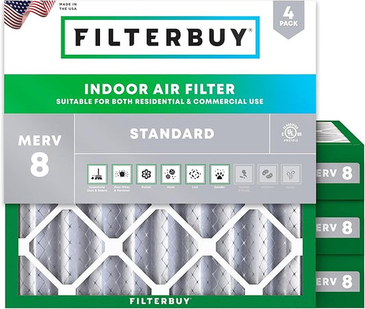 Filterbuy 25x25x4 Air Filter MERV 8 Essential Dust & Allergy Defense (4-Pack), Electrostatic Pleated HVAC AC Furnace Filters Replacement (Actual Size: 24.50 x 24.50 x 3.63)