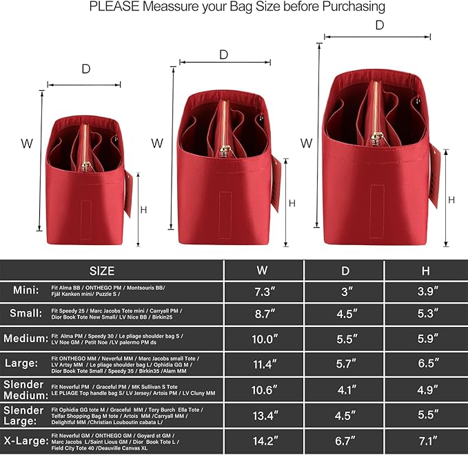 Purse Organizer Insert For Handbags, Purse Organizer With Zipper, Neverfull Organizer, Bag Organizer For Speedy Neverfull ONTHEGO Tote, Handbag and More (Silky Red, Slender Large)