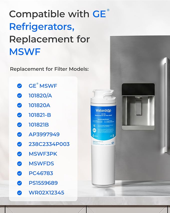 Waterdrop MSWF Refrigerator Water Filter, Replacement for GE® MSWF, 101820A, 101821B, RWF1500A, NSF 42&372 Certified, Pack of 3