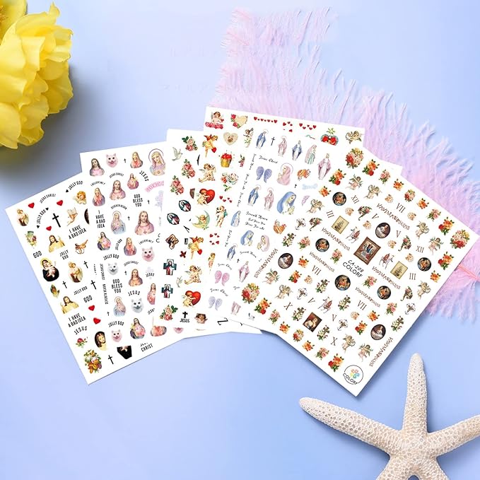 God Jesus Nail Art Stickers, Angel Christ Virgin Maria Love Cupid Flowers Nail Art Decals, Holographic 3D Angel Self-Adhesive Nail Sticker Design for Women Girls Manicure Charms Decorations