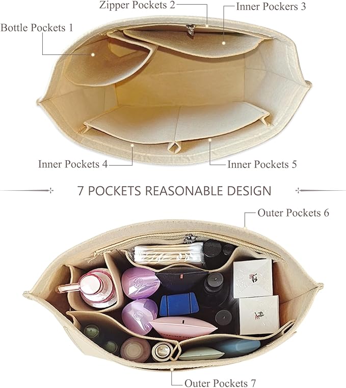 Chispee Felt Purse Organizer Insert Luxury Handbag Organizers for Longchamp Divider Pocket & Zipper Inner Bag Liner fit Small, Black