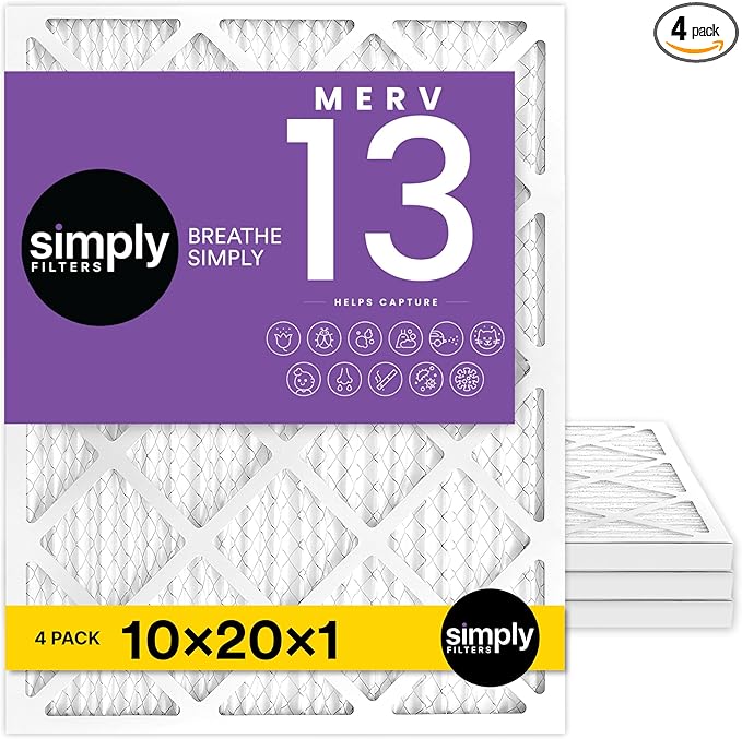 Simply 10x20x1 Air Filter, Merv 13, 4 Pack, For Home AC Furnace & HVAC (Actual Size: 9.75"x19.75"x0.75") DUST, Pet, & Allergy Control