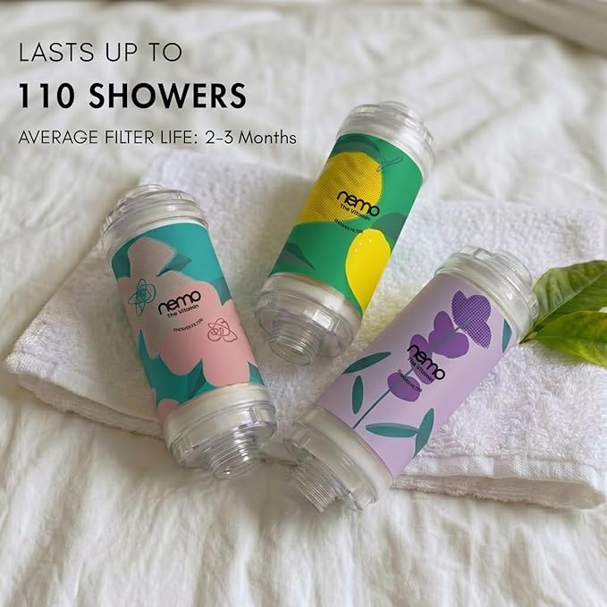 NEMOFILTER Vitamin C Shower Filter for Hard Water, Chlorine & Heavy Metal Removal, Reduces Dry Itchy Skin and Frizzy Hair, Aromatherapy Softener, Easy Install, Cherry Blossom, 150g