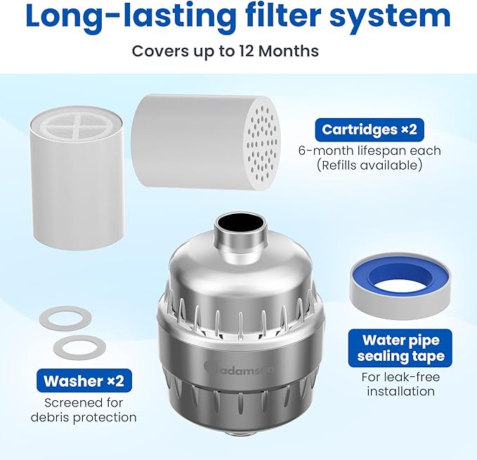Adamson Shower Filter for Hard Water – 36-Stage Filtered Shower Head, Helps Reduce Chlorine – Supports Healthier Skin & Hair – High Output – Easy Tool-Free Install – Extra Cartridge Included