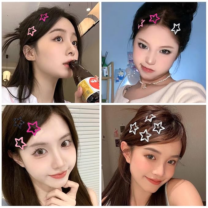 50Pcs Pink Star Hair Clips Y2K Silver Star Hair Clips for Women Metal Stars Barrettes for Hairs Non Slip Kawaii Stars Hairs Accessories for Girls Black Cute Snap Head Clip Styling Tools Gifts