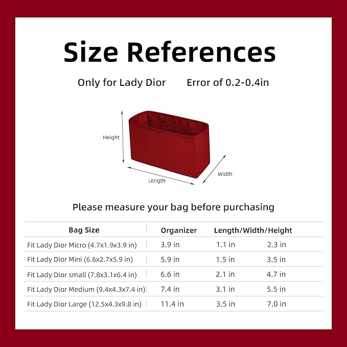 DGAZ Silk Purse Organizer Insert For Lady-Dior Micro/Mini/S/M/L bags，Silky Smooth Bag Organizer，Luxury Handbag & Tote Shaper（Wine Red，S）