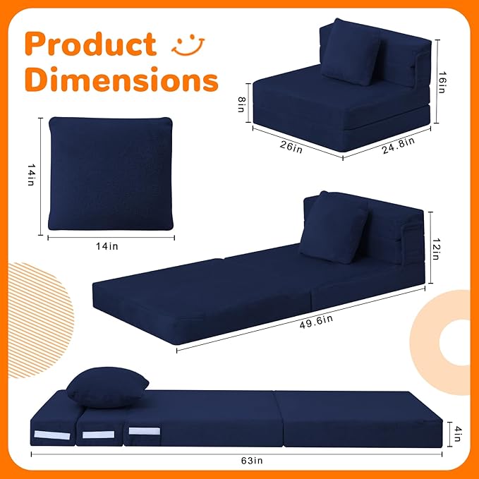 MeMoreCool Foldable Futon Chair Bed for Kids, Toddler Sofa Mattress, Convertible Foam Floor Couch, Tri-fold Sleeping Mattress (Navy)