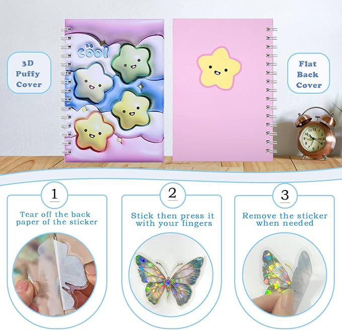 MUDOR Reusable Sticker Collecting Book with Puffy Cover, A5 Size with 40 Sheets Release Paper, Blank Stickers Storage Collection Album Organizer (Star)