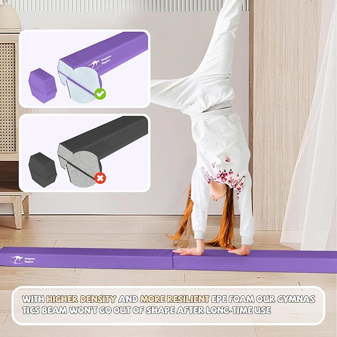 Kangaroo Hoppers Folding & Adjustable Balance Gymnastics Beam for Kids Ages 3-12, Extra Firm Floor Beam for Beginners and Professionals Home Training Equipment with Anti-Slip Foot, 8FT / 40 Inch