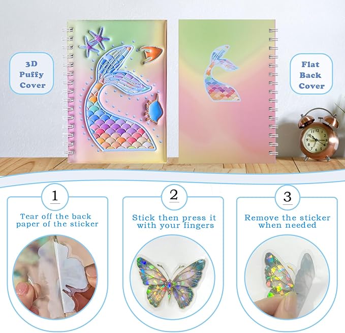 MUDOR Reusable Sticker Collecting Book with Puffy Cover, A5 Size with 40 Sheets Release Paper, Blank Stickers Storage Collection Album Organizer (Fish)