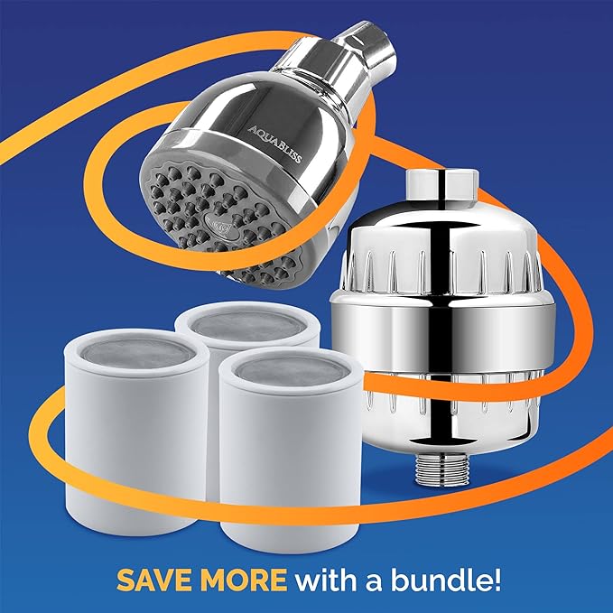 AquaBliss SF220 Multi-Stage Shower Filter w/Replaceable Cartridge - TurboSpa 3 Inch High Pressure Shower Head w/Flow Restrictor - w/ 3 AquaBliss SFC220 Replacement Multi-Stage Shower Filter Cartridge