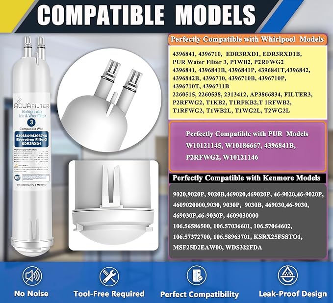FILTER3 4396841 Refrigerator Water Filter Replacement Compatible with 4396841 4396710 EDR3RXD1 EDR3RXD1B Filter 3 P1WB2 P2RFWG2, 46-9030, Pur W10121145 W10121146 (3-PACK)