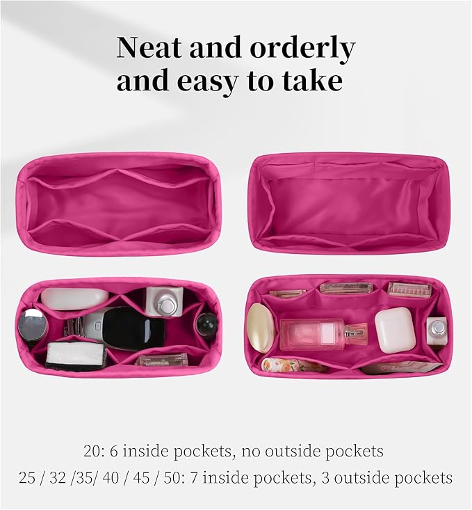 Purse Organizer Insert for Birkin 20, Lightweight & Soft Satin Organizer Insert with Pockets for Woman Bags, Ideal for Travel, Shopping, and Daily Use, Multicolor Options(Rose shocking, BK20)