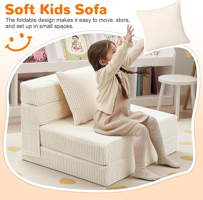 MeMoreCool Folding Sofa for Kids, Corduroy Fold Out Futon Chair, Small Foldable Floor Mattress, Portable Children Couch Sofa, Beige