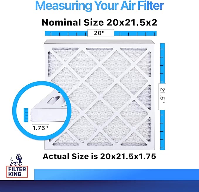 Filter King 20x21.5x2 Air Filter (MERV 8) (6-Pack) Dust & Allergy Control AC Furnace Filters, MADE IN USA, HVAC, Pleated, Electrostatic (Actual Size: 20 x 21.5 x 1.75)