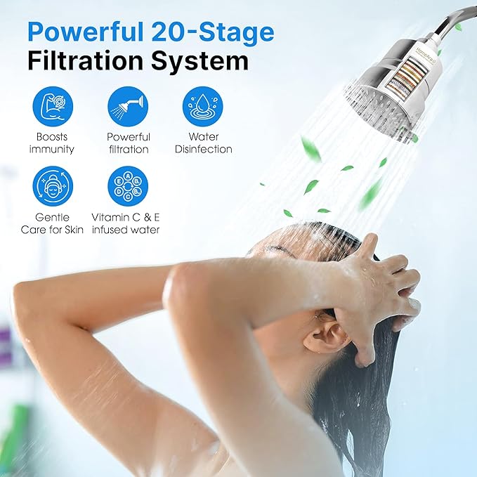 High Pressure Hard Water Shower Head Filter with Replaceable Cartridge, 20 Stage Water Softener Showerhead to Remove Chlorine and Fluoride, 5 Spray Modes for Hair and Skin Protection